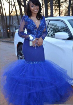 Sexy V Neck Long Sleeves Black Girls Formal Blue Evening Gowns
