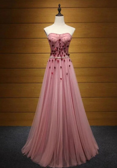 Princess Strapless Long Pink Prom Dress With Flowers