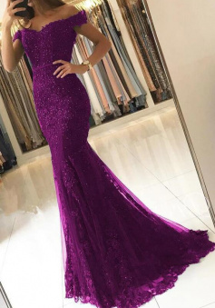 Off Shoulder Lace Mermaid Purple Formal Evening Gowns