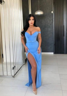 Off shoulder Satin Blue Prom Gown