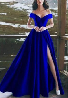Elegant Off The Shoulder Satin Royal Blue Prom Dresses