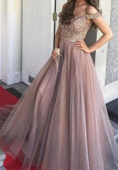 A Line Off the Shoulder Tulle Long Formal Prom Dresses With Beaded