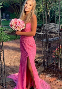 A Line Strapless Hot Pink Lace Long Prom Dress with Slit