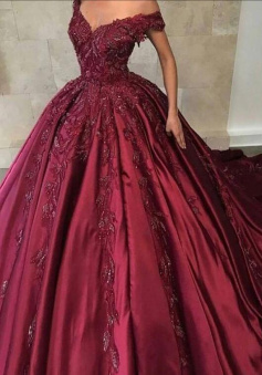 Off The Shoulder Ball Gown Burgundy Satin prom Dresses With Applique