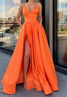 A Line Orange Long V Neck Prom Dress With Leg Slit