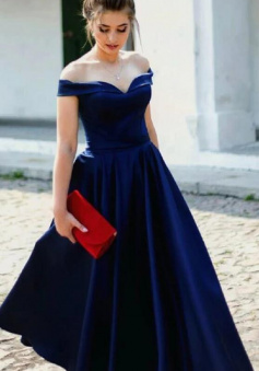 Off the shoulder Navy Blue Long prom dress