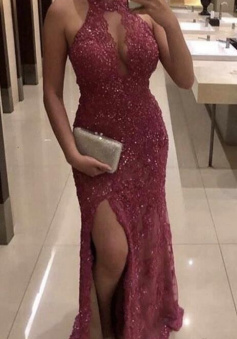 A Line Fuchsia lace prom dresses