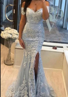 Mermaid Off the Shoulder Front Split Blue Prom Dress