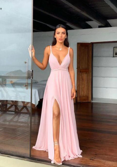 A-Line Long Pink Chiffon Prom Dress With Split