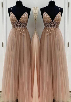 Floor-Length A-Line Tulle Spaghetti Straps Sleeveless Prom Dresses With Beading