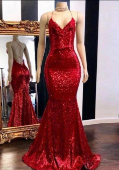 Mermaid Spaghetti Straps Sleeveless Sequins Dresses