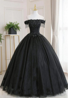 A Line Black tulle lace long prom dress