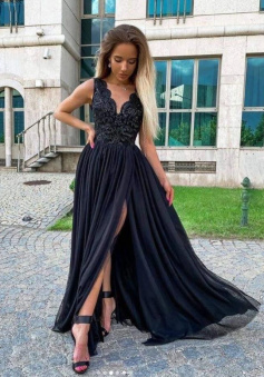 A Line Black v neck chiffon lace long prom dress