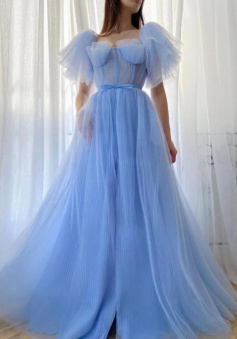 A-line tulle long formal prom dress