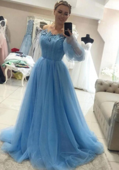 A Line round neck tulle long prom dress