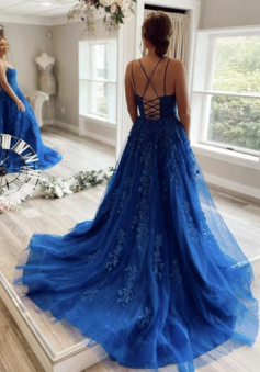 A Line Blue tulle lace long prom dress