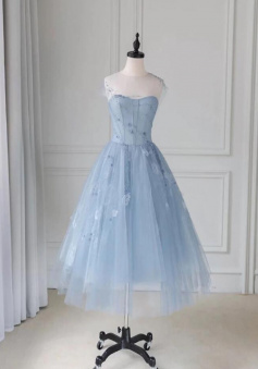 Tea Length Blue round neck tulle short prom dress