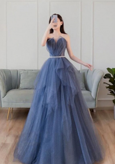A Line Blue tulle long prom dress formal dress