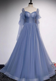 A Line tulle sequin long prom dress