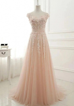 A Line Sheer Neck Cap Sleeves Tulle Prom Dresses With Lace
