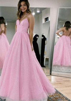 A Line V Neck Pink Long Prom Dresses