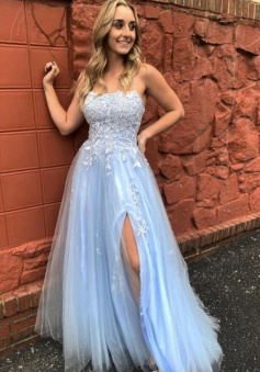 Spaghetti Straps Light Blue Lace Tulle Long Prom Dress with Slit