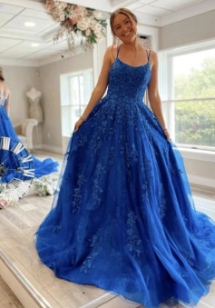 A Line Backless Blue Lace Prom Dresses Evening Dresses