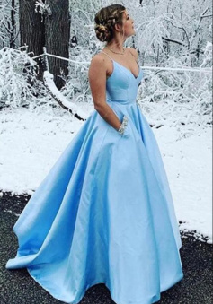 A Line V Neck Sky Blue Satin Prom Dresses with Pocket