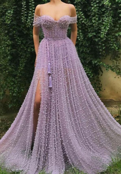 Spaghetti Straps Lavender Tulle Pearl Prom Dress with Slit