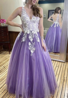 A-line V Neck Purple TUlle Prom Dresses