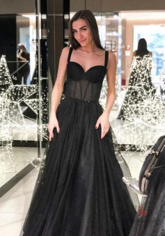 Spaghetti Straps Black A-line Sleeveless Prom Dresses