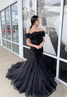 Off shoulder tulle mermaid long prom dress