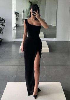 A Line One Shoulder Prom Dress with High Leg Slit