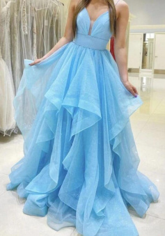 A-line Baby Blue V Neck Long Prom Dresses