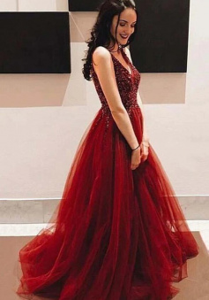 A-line Beading Tulle Burgundy Prom Dresses