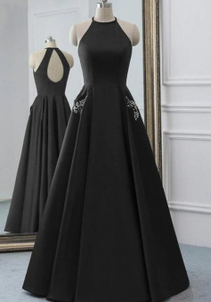 Simple A Line Black Satin Open Back Long O Neck Prom Dress