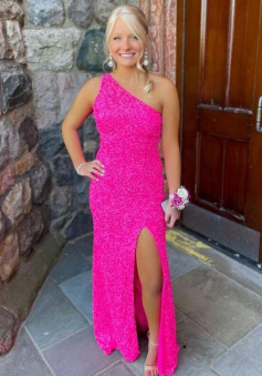 Sexy one shoulder sequin prom dress with side slit