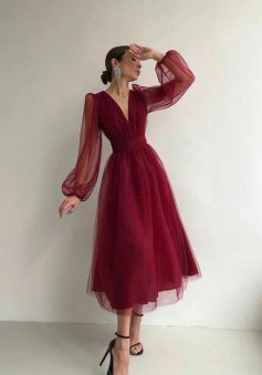 Cute Long Sleeves Tea Length Prom Dresses Evening Party Gown
