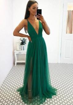 A Line Green Tulle Prom Dress With Split