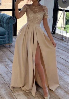 A Line Champagne Prom Dresses with sleeves