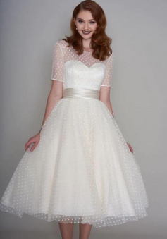 A Line Tea Length Prom Dress With Short Sleeves