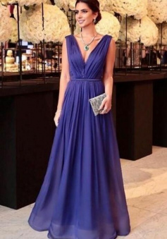 Simple V-neckline Purple Chiffon Evening Dress