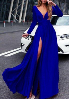 A Line V Neck Long Sleeves Royal Blue Prom Dresses