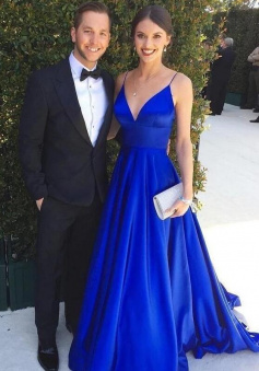 Spaghetti Straps Long V-neck Royal Blue Prom Dresses