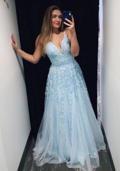 A-Line Sleeveless Light Sky Blue Prom Dresses With Lace Applique