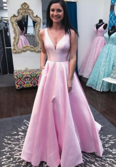 Simple A-Line V-Neck Satin Pink Prom Dress With Pockets