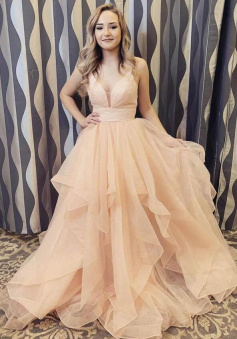 A-line V-neck Long Backless Prom Formal Dresses Tulle With Ruffles