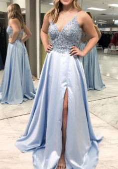 A-line V Neck Lace Satin Light Blue Formal Dresses