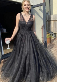 A Line V Neck Black Tulle Prom Dress