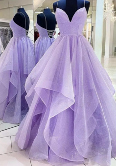 A Line V Neck Purple Tulle Long Prom Dresses